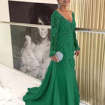 Lace mother of the bride /groom dresses mermaid long sleeves applique v neck elegant mother dresses for wedding formal party