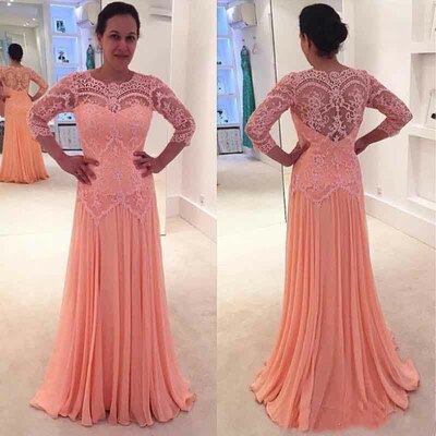 Lace Chiffon Mother of the Bride Groom Dress 3/4 Long Sleeves A-Line Evening Wedding Party Dresses Formal Prom Gowns