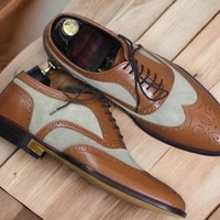 New Fashion Two Tone Color Wing Tip Lace Up Men's Brogue Toe Style Handmade Leather Suede Shoes - Thumbnail 2