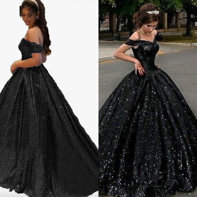Ball Gown Black Prom Dresses Sequins Sparkly 