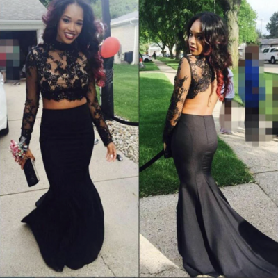 Two Piece Black Prom Dresses Mermaid with Sleeves