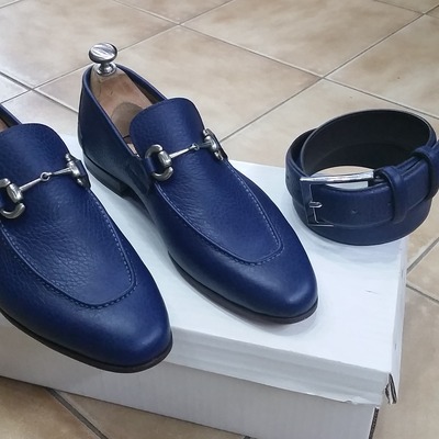 Classic handmade blue horsebit loafers moccasin formal dress shoes with matching belt