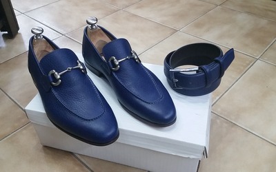 Classic Handmade Blue Horsebit Loafers Moccasin Formal Dress Shoes with Matching Belt