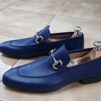 Classic Handmade Blue Horsebit Loafers Moccasin Formal Dress Shoes with Matching Belt - Thumbnail 1