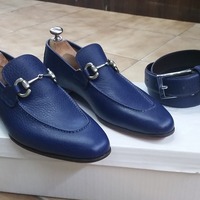 Classic Handmade Blue Horsebit Loafers Moccasin Formal Dress Shoes with Matching Belt - Thumbnail 2