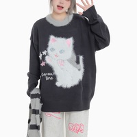 Stars Cute Cat Pullover Knitted Embroidery Oversize Sweater - Thumbnail 7