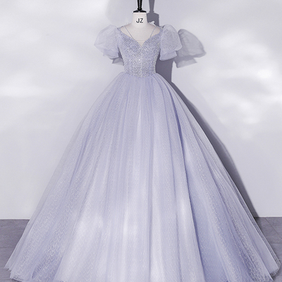 Light blue tulle beaded long prom dress - Thumbnail 2