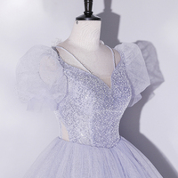 Light Blue Tulle Beaded Long Prom Dress - Thumbnail 1