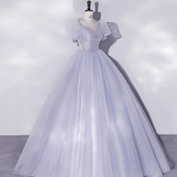 Light Blue Tulle Beaded Long Prom Dress - Thumbnail 2
