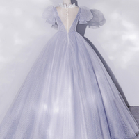 Light Blue Tulle Beaded Long Prom Dress - Thumbnail 3