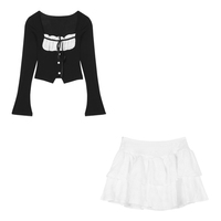 Balletcore Chic Bow Long Sleeve Black Top & White Short Skirt Set - Thumbnail 9