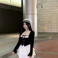 Balletcore Chic Bow Long Sleeve Black Top & White Short Skirt Set - Thumbnail 2