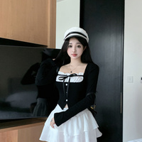 Balletcore Chic Bow Long Sleeve Black Top & White Short Skirt Set - Thumbnail 3