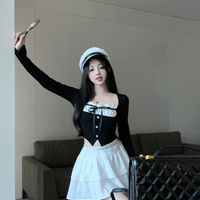 Balletcore Chic Bow Long Sleeve Black Top & White Short Skirt Set - Thumbnail 6