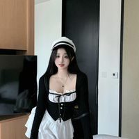 Balletcore Chic Bow Long Sleeve Black Top & White Short Skirt Set - Thumbnail 7