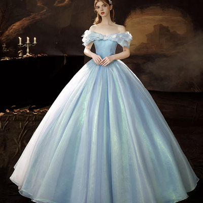 Blue tulle long princess dress, a-line off the shoulder evening party dress - Thumbnail 2