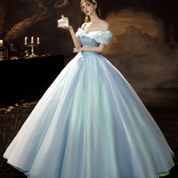 Blue Tulle Long Princess Dress, A-Line Off the Shoulder Evening Party Dress - Thumbnail 1