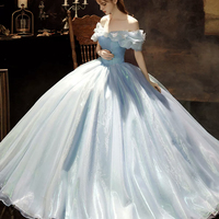 Blue Tulle Long Princess Dress, A-Line Off the Shoulder Evening Party Dress - Thumbnail 3