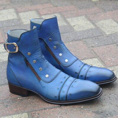 Jo ghost blue classic italian calf leather jodhpur buckle boot with zipper and button - Thumbnail 5