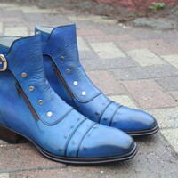 Jo Ghost Blue Classic Italian Calf Leather Jodhpur Buckle Boot with Zipper and Button - Thumbnail 3