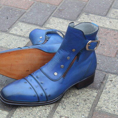 Jo ghost blue classic italian calf leather jodhpur buckle boot with zipper and button