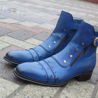 Jo Ghost Blue Classic Italian Calf Leather Jodhpur Buckle Boot with Zipper and Button - Thumbnail 5