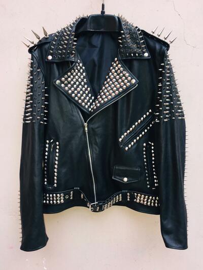  Women Punk Large Silver Spike Studded Leather Jacket