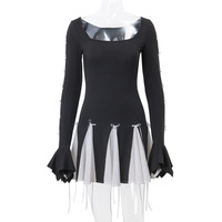 Black Lace Up Splice Fold Bodycon Dress - Thumbnail 6