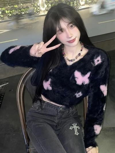Black Fluffy Butterfly Sweater 