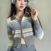 Striped Zipper Knit Cropped Jumper  - Thumbnail 2