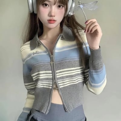 Striped zipper knit cropped jumper 