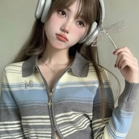 Striped Zipper Knit Cropped Jumper  - Thumbnail 1