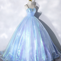 Blue Tulle Long A-Line Ball Gown - Thumbnail 2