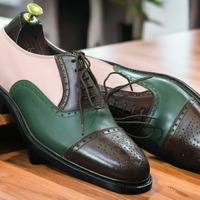 Men's Handmade Three Tone Color Cap Toe Brogue Toe and Lace Up Style Genuine Leather Formal Shoes - Thumbnail 1