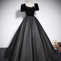 Black Velvet Tulle Long A-Line Prom Dress, Black Short Sleeve Evening Dress - Thumbnail 1