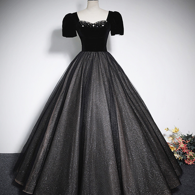 Black velvet tulle long a-line prom dress, black short sleeve evening dress - Thumbnail 1