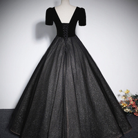Black Velvet Tulle Long A-Line Prom Dress, Black Short Sleeve Evening Dress - Thumbnail 3