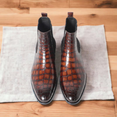 Men's bespoke handmade alligator texture leather chelsea style designer boots