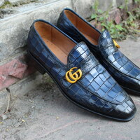 Blue Genuine Embossed Crocodile Texture Leather Loafers Dress Shoes - Thumbnail 2