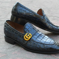 Blue Genuine Embossed Crocodile Texture Leather Loafers Dress Shoes - Thumbnail 5