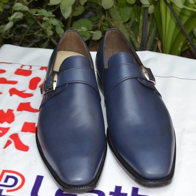 Handmade blue genuine leather single monk strap formal shoes - Thumbnail 5