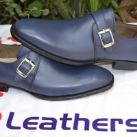 Handmade Blue Genuine Leather Single Monk Strap Formal Shoes - Thumbnail 2