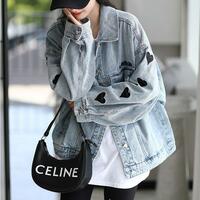 Black Heart Oversized Long Sleeve Jean Denim Jacket Coat - Thumbnail 1