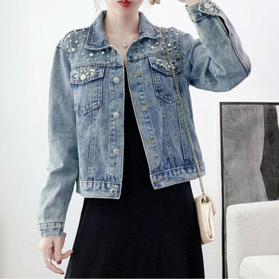 Women pearls beading embroidered denim jacket jean coat - Thumbnail 1