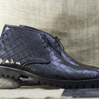 Handmade Alligator Texture Pure Leather Men's Black Color Derby Lace Up Style Ankle Boots - Thumbnail 1