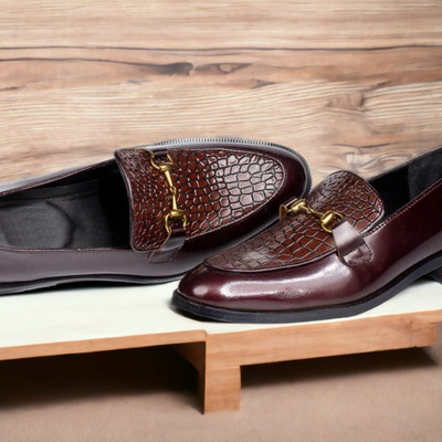 Burgundy color handmade pure alligator and plane leather horse bit style party wear shoes - Thumbnail 2