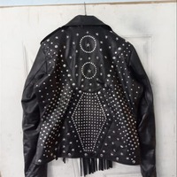 New Women Black Punk Rock Full Silver Star Studded Unique Fringes Leather Jacket - Thumbnail 1