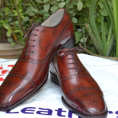 Bespoke Handmade Classic Brown Patina Leather Oxford Dress Lace up Shoes