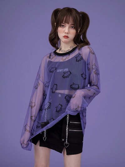 Transparent Mesh Heart Long Sleeve Shirt 