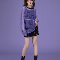 Transparent Mesh Heart Long Sleeve Shirt  - Thumbnail 1